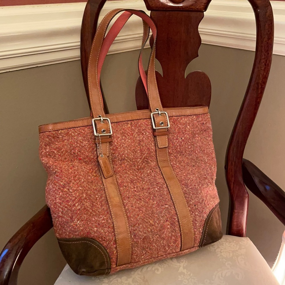 HTF Tweed Coach Hampton tote with leather trim